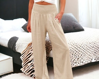 Wide Leg Linen Beige Trousers for Women | Baggy Linen Beach Pants | Boho Loose Trousers with Pockets | Casual Boho Trousers | Beach Outfit