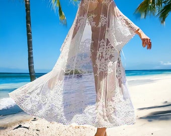 Floral Mesh Beach Kaftan | White Flower Bikini Cover Up | Chiffon Swimwear Accessory | Holiday Beach Dress | Festival Dress