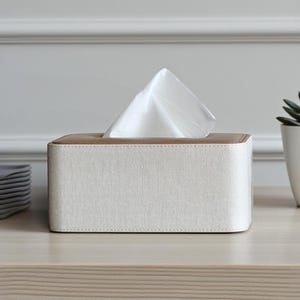 Rectangular Tissue Box Cover – PU Leather Linen Beige Crosshatch Gray with Oak Wood Top