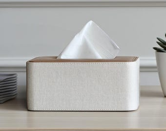 Rectangular Tissue Box Cover – PU Leather Linen Beige Crosshatch Gray with Oak Wood Top