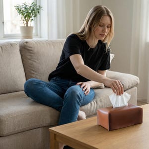 Puede incluir: Un dispensador de pa&ntilde;uelos de cuero marr&oacute;n sobre una mesa de madera. El dispensador es rectangular y tiene un dise&ntilde;o simple y moderno. Se ven pa&ntilde;uelos blancos. La escena est&aacute; ambientada en un sal&oacute;n con un sof&aacute; beige.