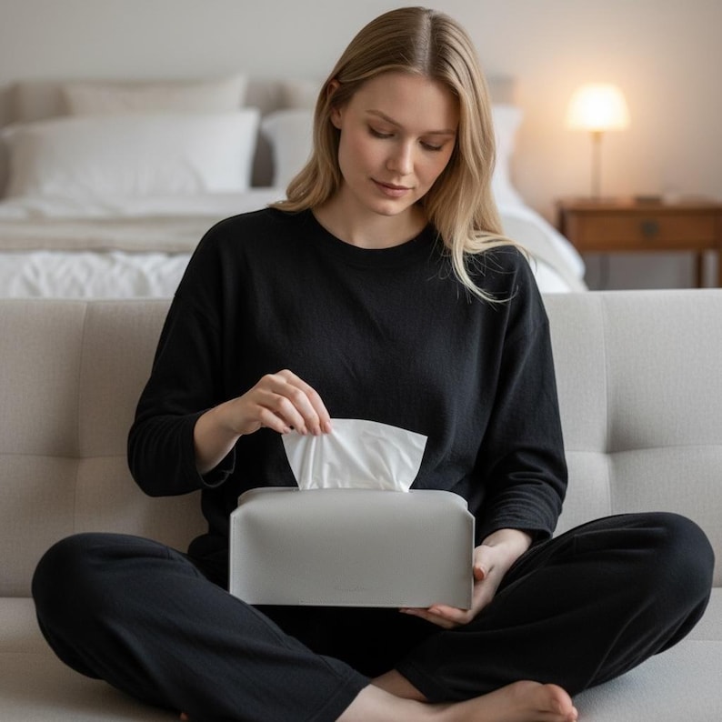 Puede incluir: Una persona vestida de negro, sentada en un sof&aacute; claro, saca un pa&ntilde;uelo de una caja de pa&ntilde;uelos gris. La caja es rectangular y de dise&ntilde;o minimalista. En el fondo, una cama y una l&aacute;mpara.