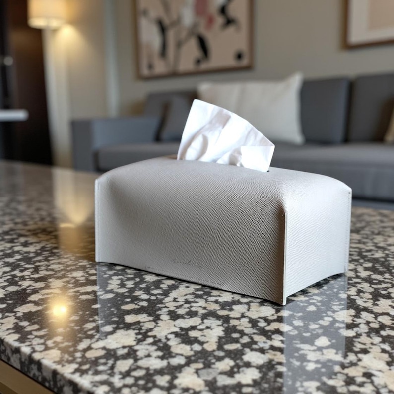 Puede incluir: Un dispensador de pa&ntilde;uelos rectangular gris claro con una superficie texturizada. Los pa&ntilde;uelos blancos son visibles, emergiendo de la abertura superior. La caja est&aacute; sobre una superficie de granito moteado, con un fondo borroso de un sof&aacute; gris y obras de arte.