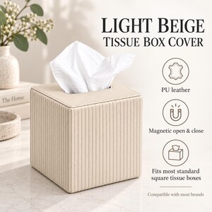 Modern PU Leather Tissue Box – Ribbed Square Design, Magnetic Closure, Stylish Napkin Holder Beige
