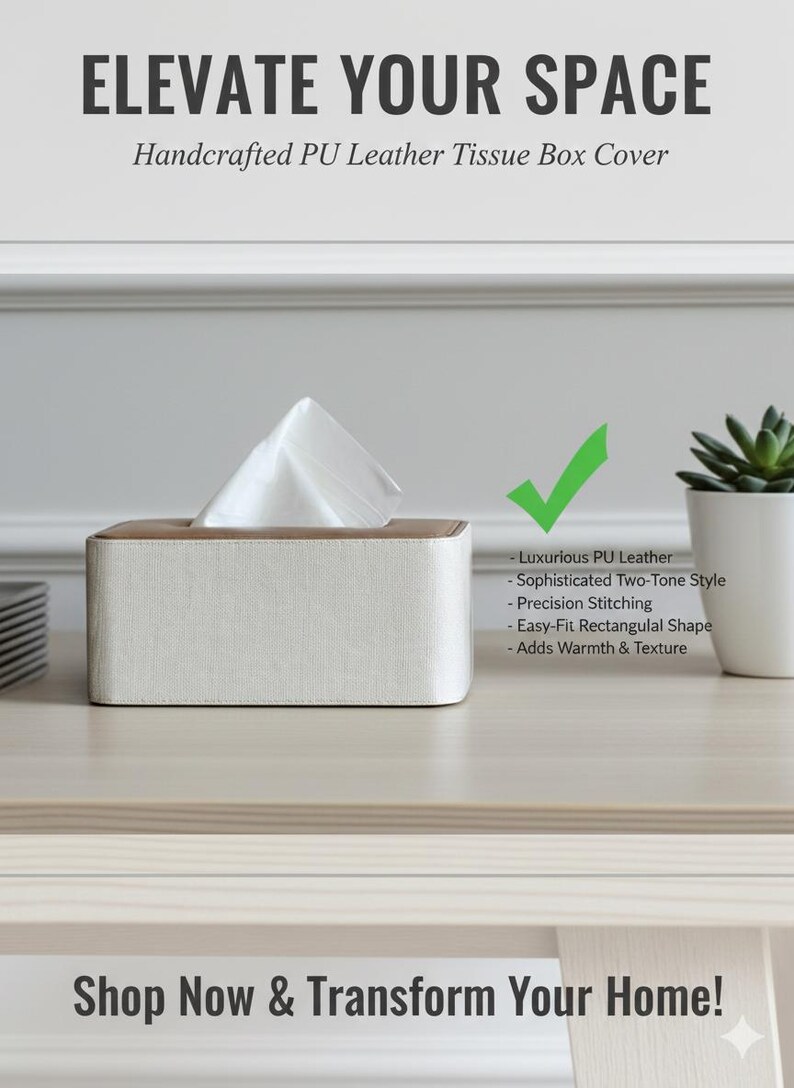 Rectangular PU leather tissue box cover with linen‑style beige texture and stitched wooden top, designed to fit standard Kleenex rectangular boxes. Features a modern, minimalist look that blends seamlessly with home décor styles from contemporary to boho. Durable magnetic closure allows easy tissue replacement, while the elegant design makes it perfect for bathroom, bedroom, living room, or office use. A stylish and functional home accessory or thoughtful gift idea.