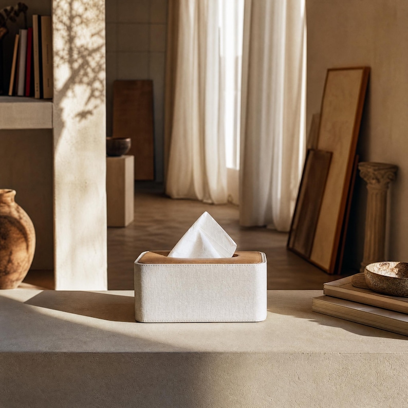 Rectangular PU leather tissue box cover with linen‑style beige texture and stitched wooden top, designed to fit standard Kleenex rectangular boxes. Features a modern, minimalist look that blends seamlessly with home décor styles from contemporary to boho. Durable magnetic closure allows easy tissue replacement, while the elegant design makes it perfect for bathroom, bedroom, living room, or office use. A stylish and functional home accessory or thoughtful gift idea.