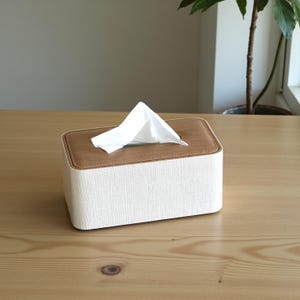 Rectangular Tissue Box Cover – PU Leather Linen Beige Crosshatch Gray with Oak Wood Top image 12