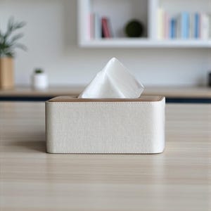 Rectangular PU leather tissue box cover with linen‑style beige texture and stitched wooden top, designed to fit standard Kleenex rectangular boxes. Features a modern, minimalist look that blends seamlessly with home décor styles from contemporary to boho. Durable magnetic closure allows easy tissue replacement, while the elegant design makes it perfect for bathroom, bedroom, living room, or office use. A stylish and functional home accessory or thoughtful gift idea.