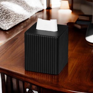 Premium Ribbed Tissue Box Cover, PU Leather Tissue Holder, Square Tissue Box Cover, Modern Tissue Holder, Magnetic Closure Tissue Box, Elegant Home Décor Tissue Box.