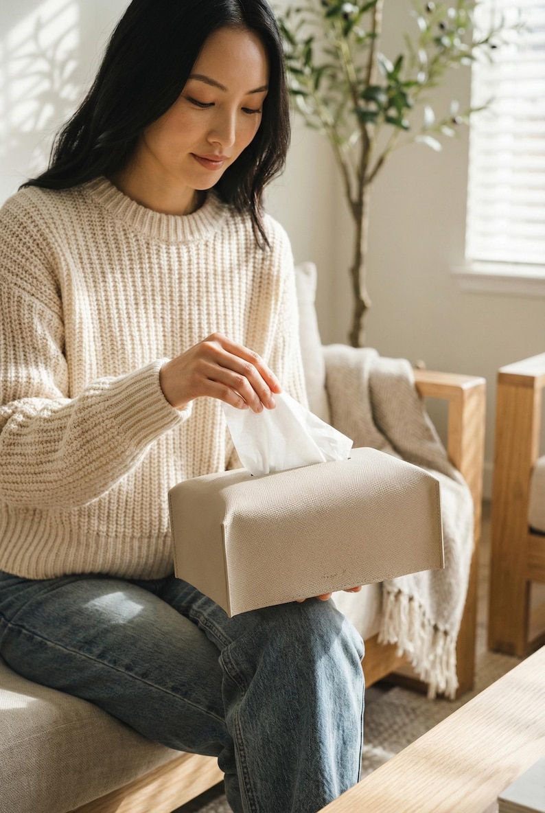 Puede incluir: Un dispensador de pa&ntilde;uelos rectangular beige con una superficie texturizada. Se ven pa&ntilde;uelos blancos en la parte superior. La caja la sostiene una persona que lleva un su&eacute;ter color crema y vaqueros azules.