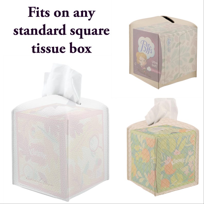 May include: Three tissue box covers. The first is white with a pink and yellow floral design. The second is beige with a floral design and the text "Puffs Ultra Soft". The third is green with a floral design and the text "Kleenex".