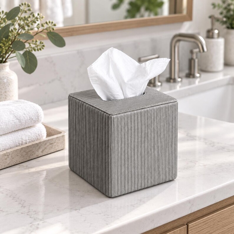 Modern PU Leather Tissue Box – Ribbed Square Design, Magnetic Closure, Stylish Napkin Holder Gray Wood Grain