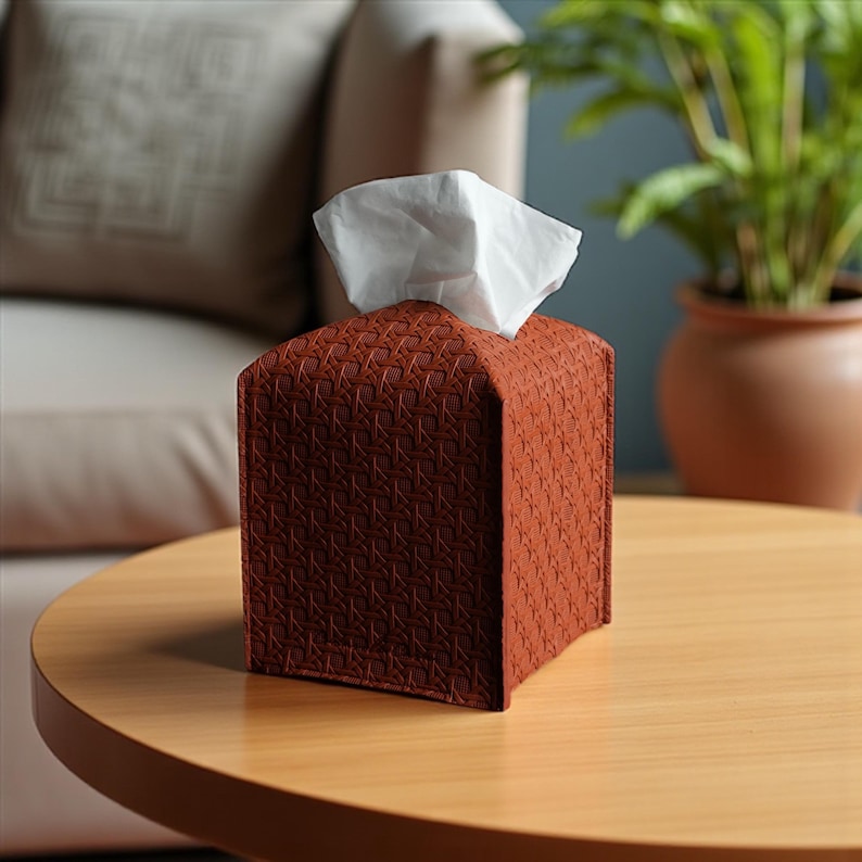 Contemporary napkin holder, tissue box organizer, tissue dispenser, tissue box protector, bathroom decor accessories, leather tissue storage box, square tissue box holder, Kleenex box cover, facial tissue cover, rattan tissue dispenser, square tissue box organizer, Bohemian-style decor.