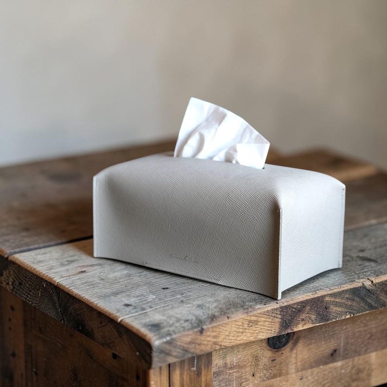 Puede incluir: Un dispensador de pa&ntilde;uelos rectangular gris claro con una superficie texturizada. Los pa&ntilde;uelos blancos sobresalen de la abertura superior. El dispensador est&aacute; sobre una mesa de madera r&uacute;stica.