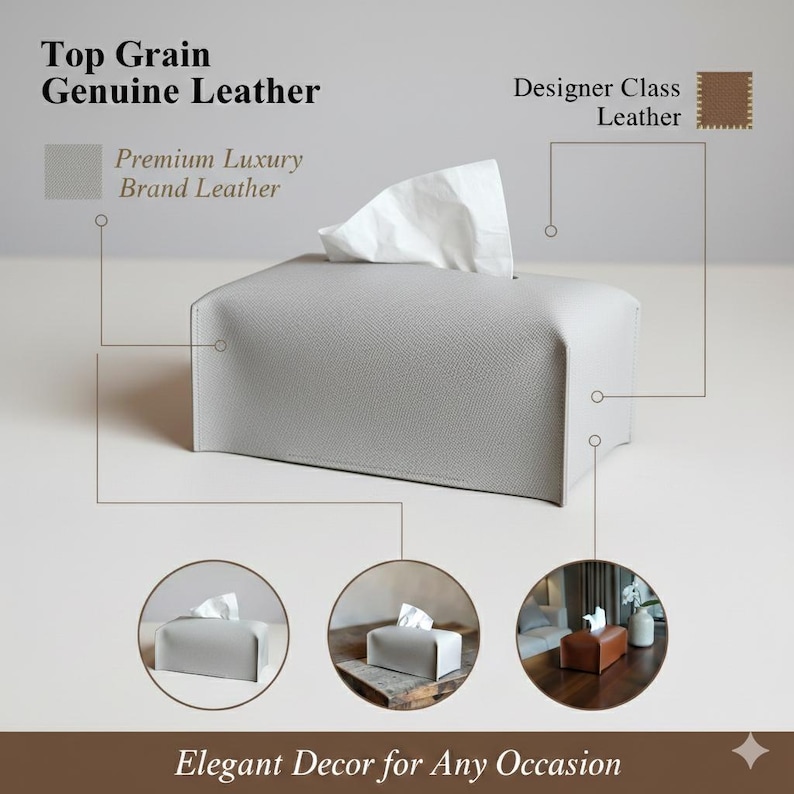 Puede incluir: Un dispensador de pa&ntilde;uelos de cuero gris claro con forma rectangular. El dispensador est&aacute; hecho de cuero genuino de grano superior y est&aacute; etiquetado como cuero de marca de lujo premium. El texto "Elegant Decor for Any Occasion" est&aacute; en la parte inferior.