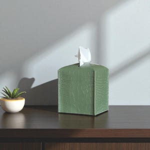 Contemporary napkin holder, tissue box organizer, tissue dispenser, tissue box protector, napkin organizer, bathroom decor accessories, leather storage box, square tissue box holder, woven design, facial tissue cover, crocodile leather tissue dispenser, square tissue box protector.