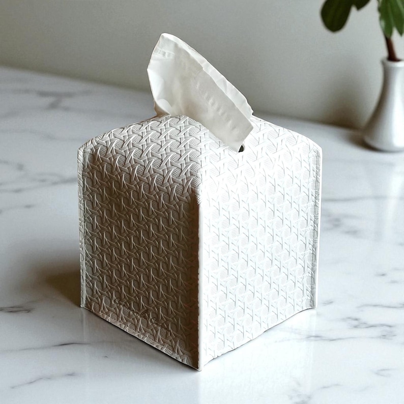 Contemporary napkin holder, tissue box organizer, tissue dispenser, tissue box protector, bathroom decor accessories, leather tissue storage box, square tissue box holder, Kleenex box cover, facial tissue cover, rattan tissue dispenser, square tissue box organizer, Bohemian-style decor.
