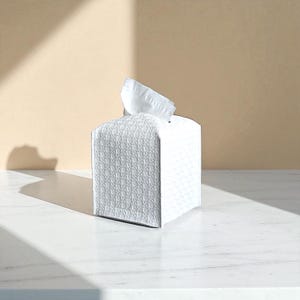 Contemporary napkin holder, tissue box organizer, tissue dispenser, tissue box protector, bathroom decor accessories, leather tissue storage box, square tissue box holder, Kleenex box cover, facial tissue cover, rattan tissue dispenser, square tissue box organizer, Bohemian-style decor.