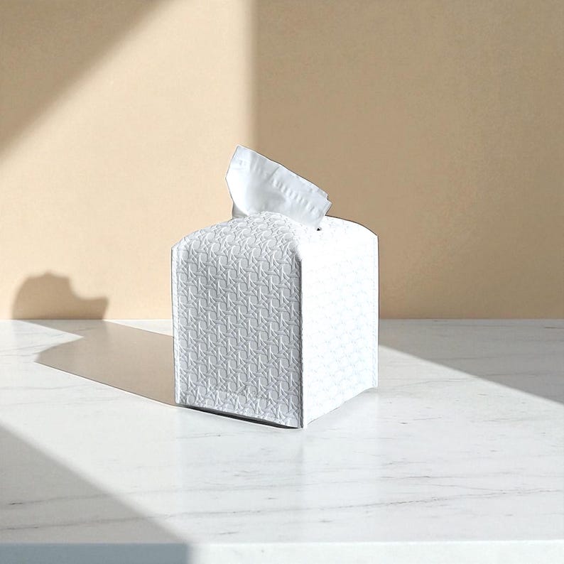 Contemporary napkin holder, tissue box organizer, tissue dispenser, tissue box protector, bathroom decor accessories, leather tissue storage box, square tissue box holder, Kleenex box cover, facial tissue cover, rattan tissue dispenser, square tissue box organizer, Bohemian-style decor.