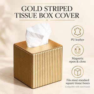 Modern PU Leather Tissue Box – Ribbed Square Design, Magnetic Closure, Stylish Napkin Holder Gold