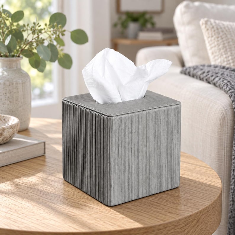 Modern PU Leather Tissue Box – Ribbed Square Design, Magnetic Closure, Stylish Napkin Holder image 2