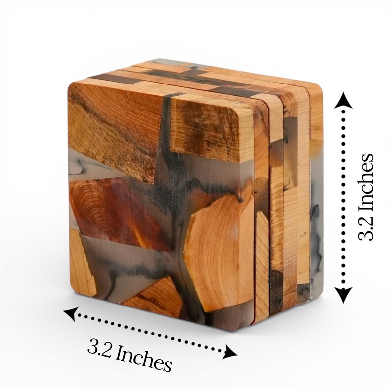 Six rectangular wooden coasters with a unique design. The coasters are made of wood and resin, with a mix of brown, gray, and white colors. The coasters are standing upright, showcasing their intricate details and craftsmanship.