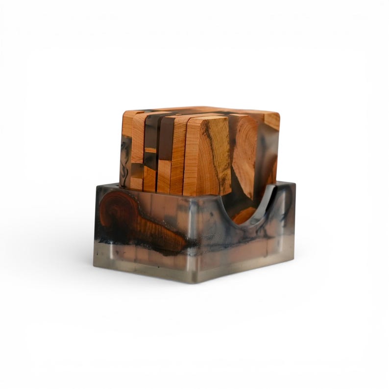 Handmade Eastern Cedar wood and resin coasters set with natural brown grain, aromatic cedar, and matching holder.