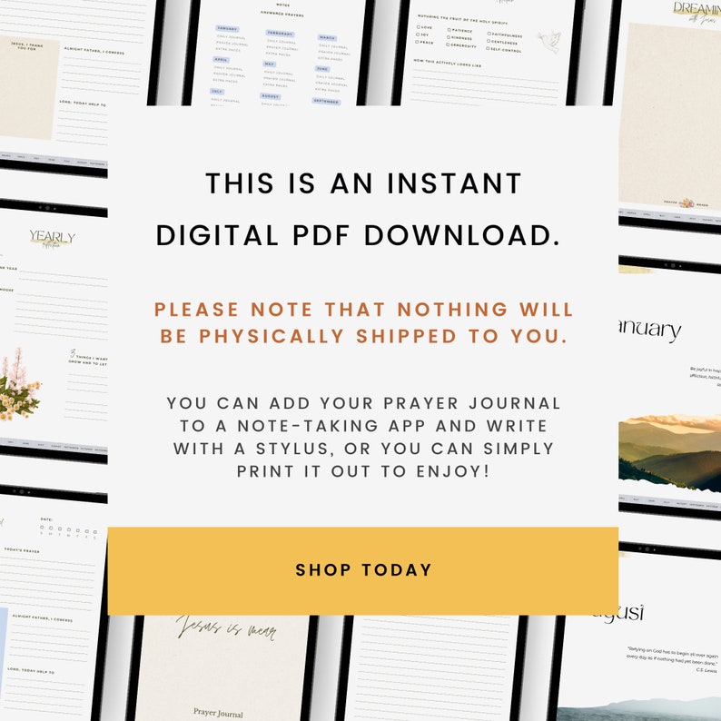 This is an instant digital PDF download. Please, note that nothing will be physically shipped to you. You can add tour prayer journal to a note-taking application and write with a stylus, or you can simply print it out and enjoy!