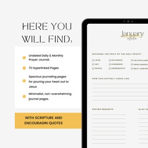 Here you will find: Undated Weekly and Monthly Prayer Journals, 72 Hyperlinked Pages, spacious journaling pages for pouring your heart out to Jesus and minimalist, non-overwhelming journaling pages. With Scripture and encouraging quotes.