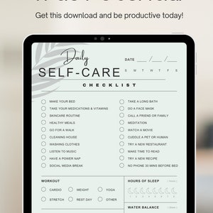 May include: A digital tablet displays a self-care checklist with the text "Unleash Your True Potential." The checklist includes items like "Make Your Bed" and "Take a Long Bath." The design is minimalist with a light green and white color scheme.