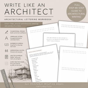 May include: An architectural lettering workbook titled Write Like An Architect, featuring practice pages with dot grids, letter tracing exercises, and architectural vocabulary lists. A metal ruler and pencil are visible in the corner.