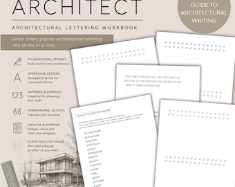 May include: An architectural lettering workbook titled Write Like An Architect, featuring practice pages with dot grids, letter tracing exercises, and architectural vocabulary lists. A metal ruler and pencil are visible in the corner.