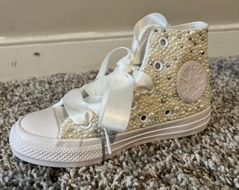Custom Pearl & Crystal Sneakers | Luxury Handcrafted | Personalized Bridal, Birthday, Special Occasion Shoes