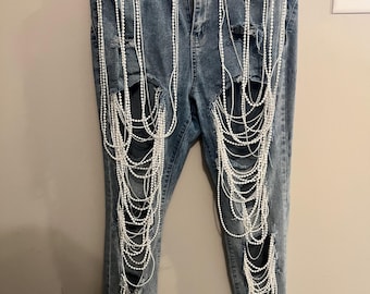 Custom Pearl Fringe Distressed Jeans – Glam Rhinestone | Pearl Draped Denim Statement Pants