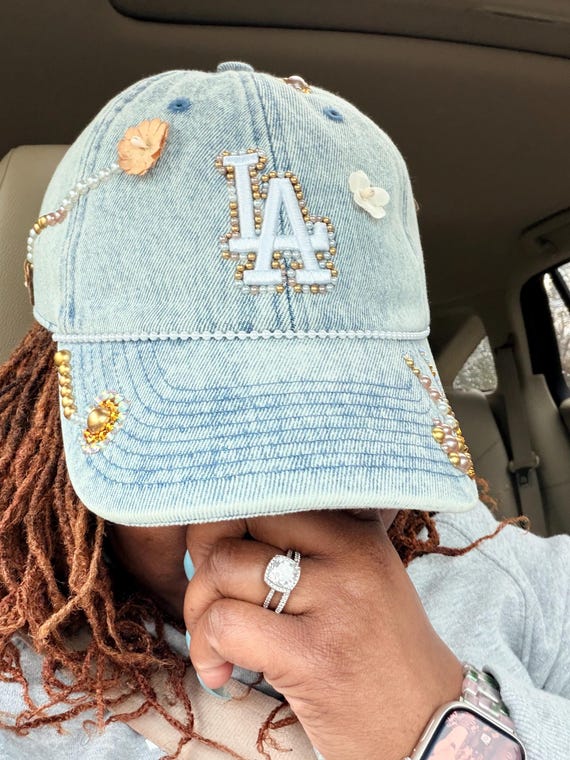 Custom Pearl & Rhinestone LA Denim Hat – Upcycled Floral Embellished Baseball Cap