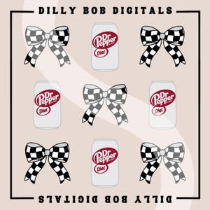 May include: Six digital illustrations of a chequered bow and a can of Diet Dr Pepper. The text on the can reads "Dr Pepper" and "Diet".