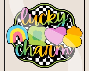 Lucky Charm Patrick&#39;s Day PNG Digital Download | St. Patrick&#39;s Day Sublimation Design | Checkered Coquette PNG | St Paddy Rainbow Design