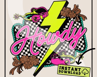 Howdy Hot Pink & Türkis Rahmen PNG Digitaler Download + Bonus Design | Kariert | Sporen | Western-Design | Punziertes Leder | Knalliges Neon