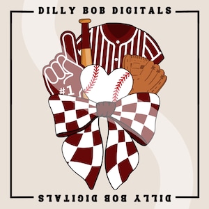 Pode incluir: Um laço xadrez vermelho e branco com uma bola de beisebol, um taco, uma luva e uma camisa de beisebol listrada vermelha e branca no centro. O texto "DILLY BOB DIGITALS" está na parte superior e inferior da imagem.