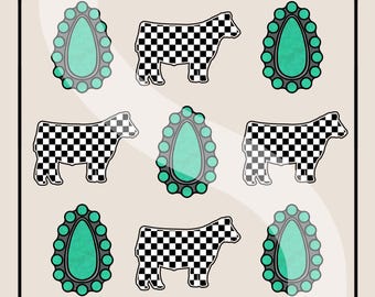 Checkered Show Cow & Turquoise Conchos PNG: Western Live Stock Show Sublimation Design (Digital Download)