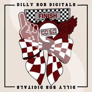 May include: A red and white checkered bow with a red and white checkered finish line, a red and white checkered flag, a red and white checkered number one foam finger, and a red and white checkered stopwatch with the text "FINISH" and "00:00".