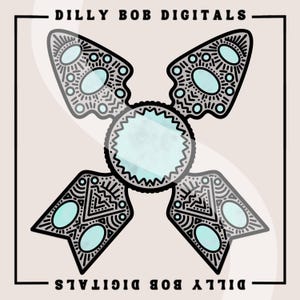 以下が含まれることがあります： 青と白の中央の円を持つ、スタイリッシュな4つ先端の星を黒と白で描いたイラスト。画像の上部と下部に「DILLY BOB DIGITALS」というテキストがあります。