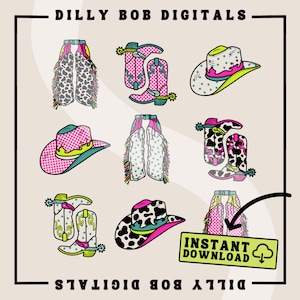 Könnte beinhalten: Ein Satz von acht digitalen Clipart-Bildern mit Cowboyhüten und Stiefeln in verschiedenen rosa, schwarzen, weißen und grünen Mustern. Der Text "DILLY BOB DIGITALS" und "INSTANT DOWNLOAD" ist ebenfalls im Bild enthalten.