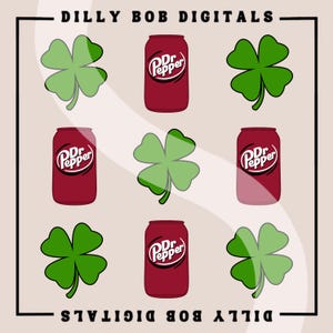 Könnte beinhalten: Eine digitale Illustration einer roten Dose Dr Pepper mit einem grünen vierblättrigen Kleeblatt auf jeder Seite. Der Text "DILLY BOB DIGITALS" befindet sich oben und unten im Bild.