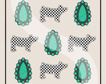 Show Pigs & Turquoise Conchos PNG: Western Sublimation Design (Digital Download)