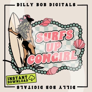 Surfs Up Cowgirl PNG Digital Download | Surfer Cowgirl | Beach PNG Design | Western Sublimation | Summer Shirt Design | Beachy Cowgirl Vibes