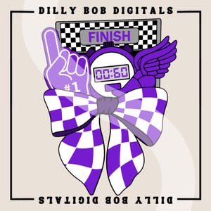 May include: Purple and white checkered bow with a purple number one finger, a purple stopwatch with the time 00:60, and a purple wing. The stopwatch is in front of a checkered finish line with the word "FINISH" above it. The text "DILLY BOB DIGITALS" is at the top and bottom of the image.