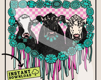 Fringe Turquoise Cows PNG Digital Download | Checkered | Western Design | Turquoise Conchos | Cows | Fringe Frame | Cow Sublimation Design