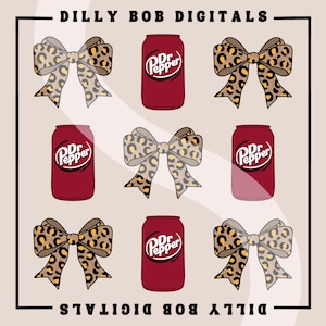 May include: Nine digital images featuring a red can with the text "Dr Pepper" and a brown and black leopard print bow. The images are arranged in a 3x3 grid.