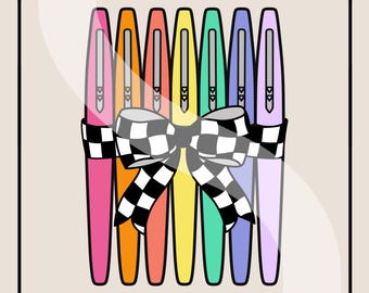 フレアペンズとチェック柄リボンPNG：教師用新学期昇華デザイン（デジタルダウンロード）